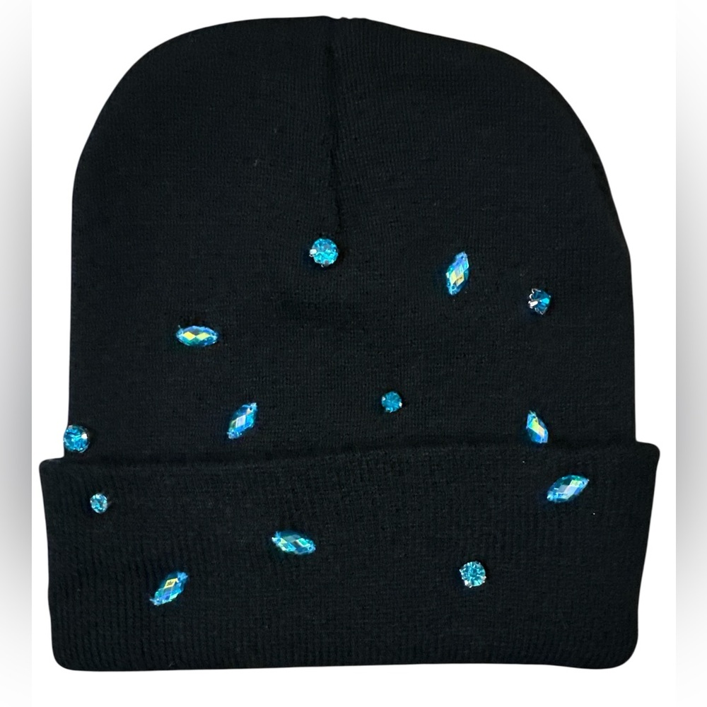 Black Beanie with Blue Gem Accents. All Embellishments Are Hand Sewn On